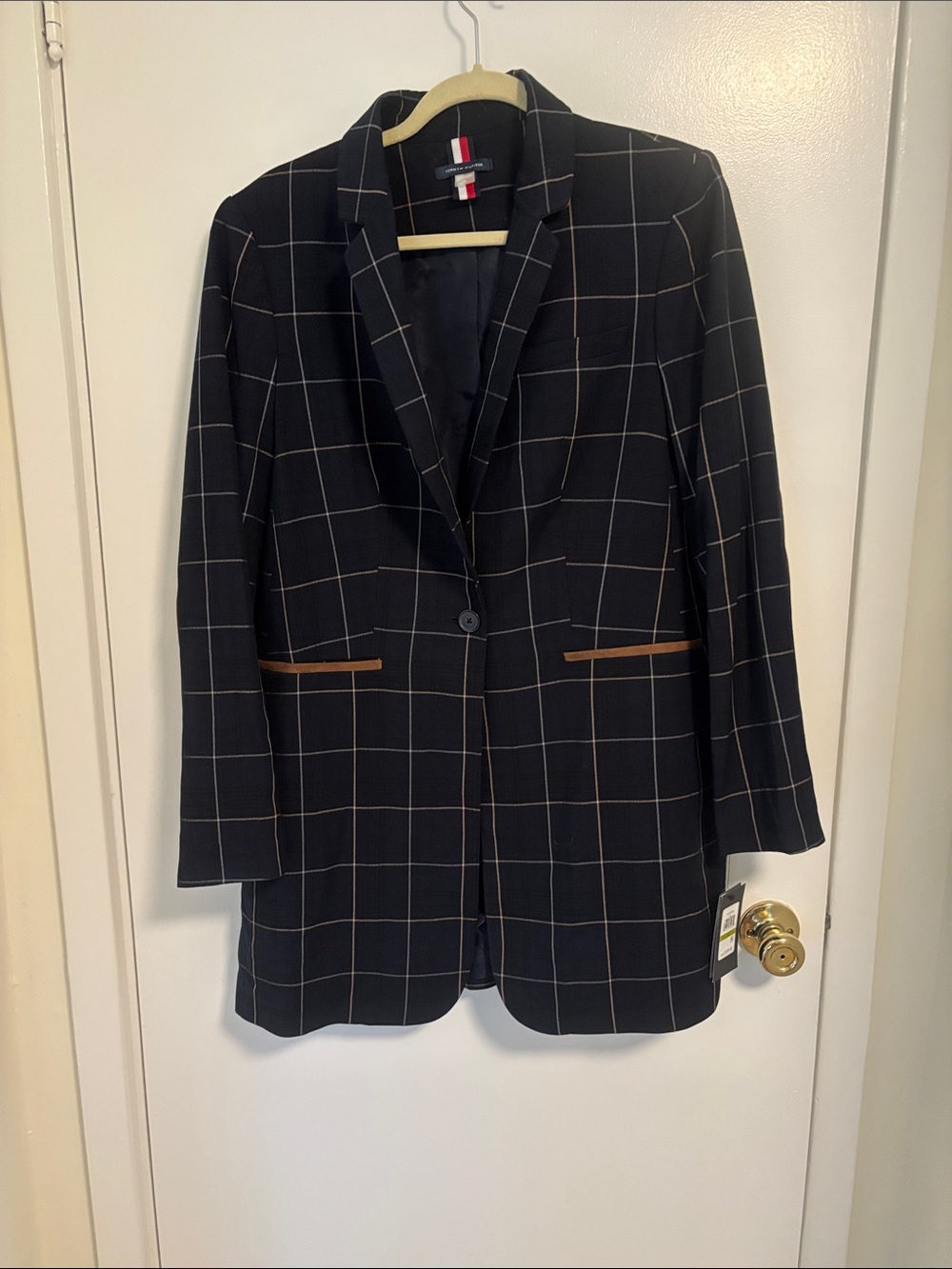 Tommy Hilfiger Navy  Windowpane Blazer with Tan Trim